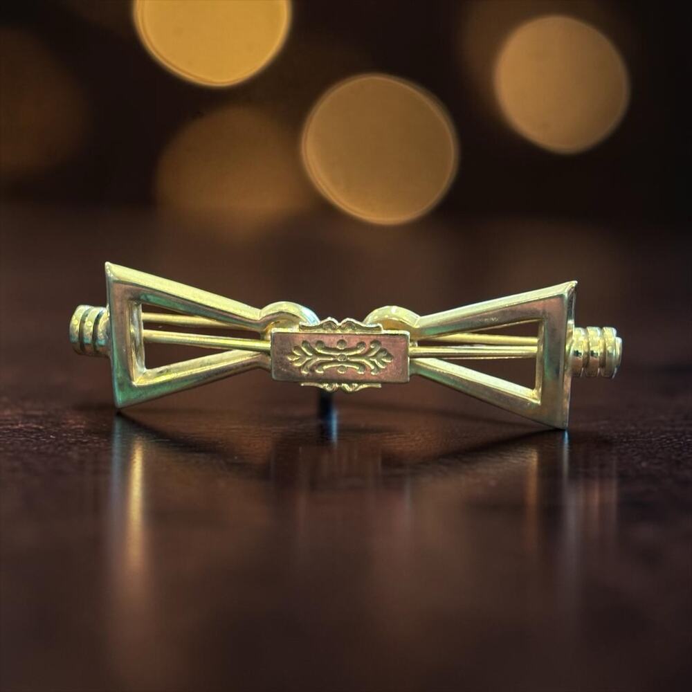 Art Deco Bow Brooch Geometric Gold Tone Bar Pin Vintage Minimalist